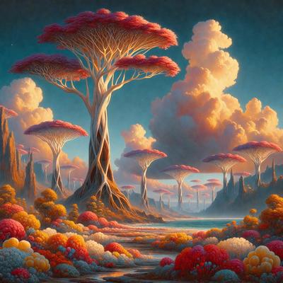 The primary subject of the image is a tree with a large red flower on it, surrounded by a forest of trees. The setting is a lush, colorful landscape with a variety of trees and flowers. The visual style is a digital art or illustration, creating a vibrant and imaginative scene. The colors and mood are predominantly red and pink, giving the image a warm and inviting atmosphere.